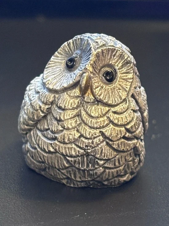 Vintage Peltro Italy Pewter Owl Figurine with Black Glass Eyes