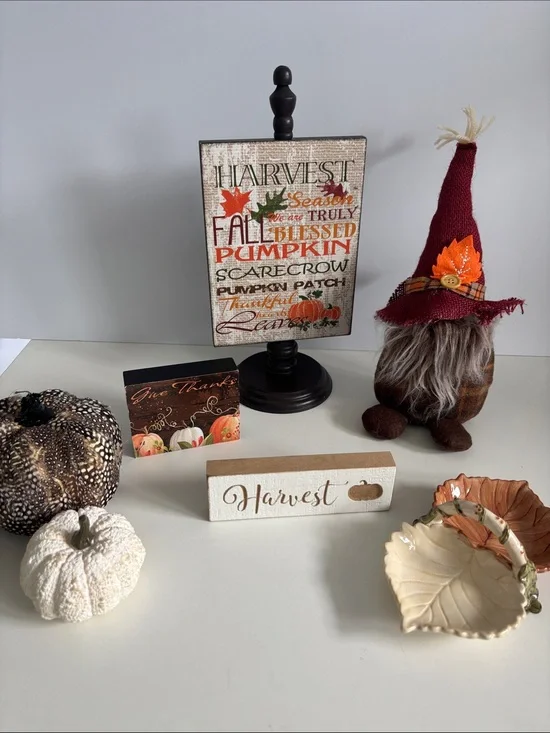 Harvest Fall Decor Bundle Tabletop Block Set Gnome Pumpkin Leaf ceramic
