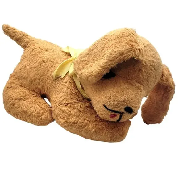 Vintage 1960s Carnival Prize Sleeping Puppy Dog Plush Yellow Ribbon Felt Eyes