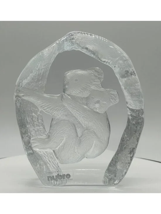 Vintage Nybro Sweden Art Glass Koala Bear Mother & Baby Joey Crystal Paperweight