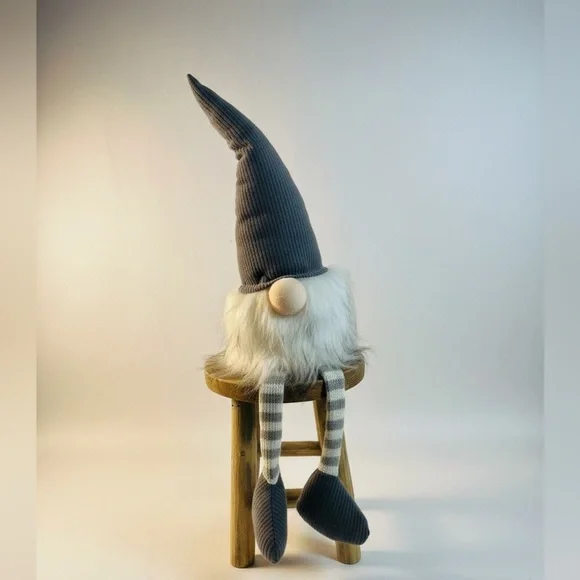Sitting Gnome, Wooden Stool Set Gray Hat Long Legs Plush Shelf Sitter Décor