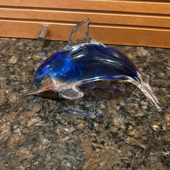 Glass Dolphin Blue Paperweight Statue