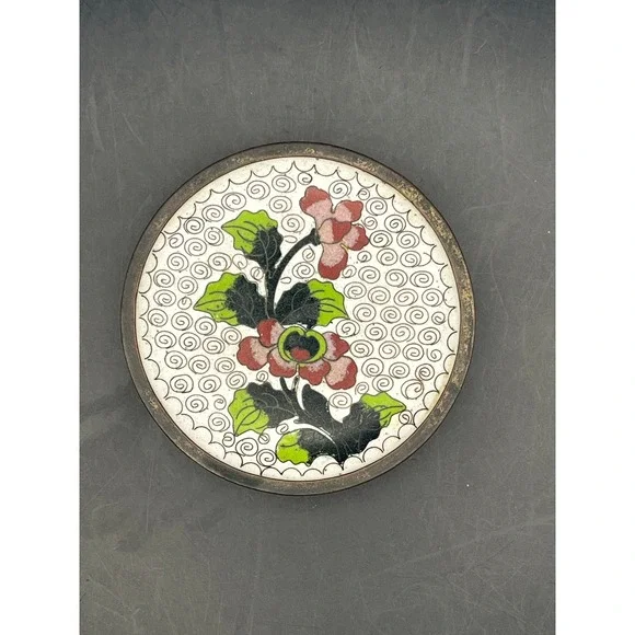 Vtg‎ Cloisonné Dish Floral Plate Asian Decor Enamel Trinket Dish 3.75
