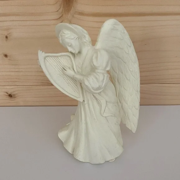 VINTAGE Hallmark Cards Guardian Angel Harp 4.5” Tall Ivory Ceramic Figurine