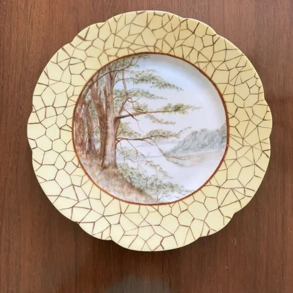 Antique H & Co Limoges Hand Painted Yellow Landscape Trees Rocky Coast 7 3/4”