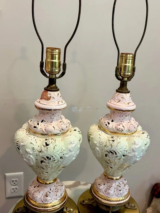 Vintage Capadimante Cherub Pink /Cream Porcelain Table Lamp Pair with koi feet