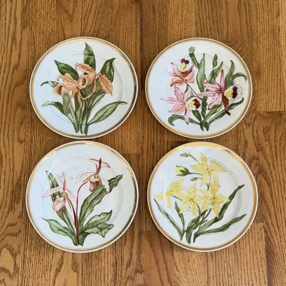 Set Of 4 Vintage Hand Painted ORCHID Plates Gold Border Porcelain 8 1/4”