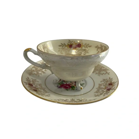 Vintage Footed Tea Cup Saucer Del Mar Hand Painted Floral Design‎ 24K Gold Trim