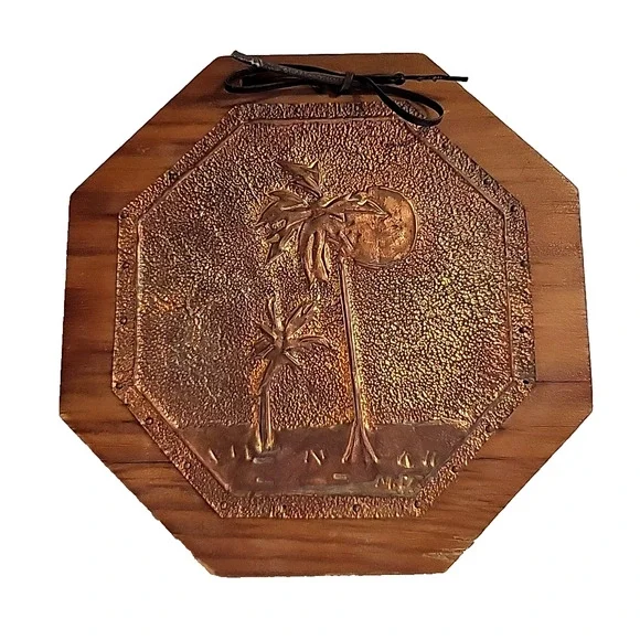 VTG Octagon Hammered Copper Art Wall Hanging Plaque Tropical Repousse Embossed