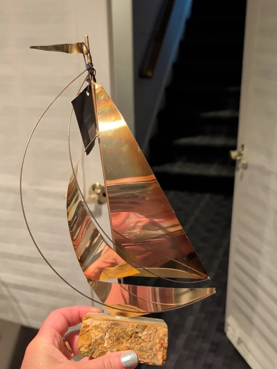 Brass Sailboat Sculpture In Stone- Gold Tone