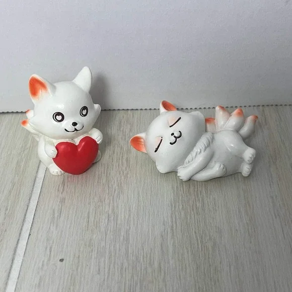 Kawaii Anime Fox Figures 9-Tailed Fox Mini Figurines Lot of 2 Orange White Heart