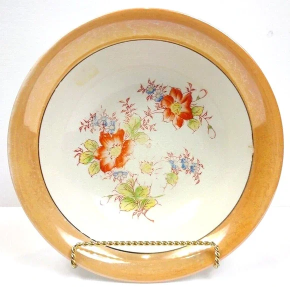 Vintage Japanese Luster Ware Serving Bowl with Floral Center Peach Band 9.5