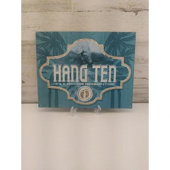 Hang Ten Surf Tin Sign 12.5x16 Blue Palm Trees Surfer Metal Wall Art Decor