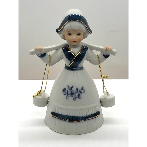 Vintage Dutch Girl Porcelain Bell Figurine Blue White Gold Gilt Water Carrier