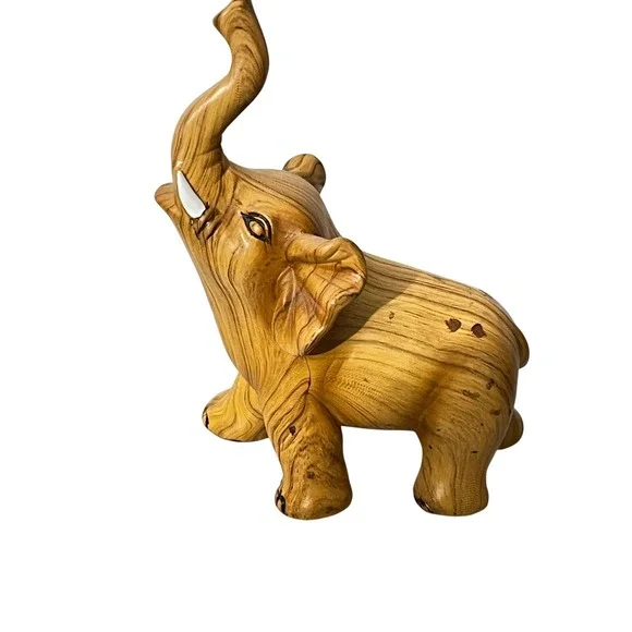 Vinatage Elephant Figurine Home Decor  Brown Faux Wood Grain Trunk Up Luck
