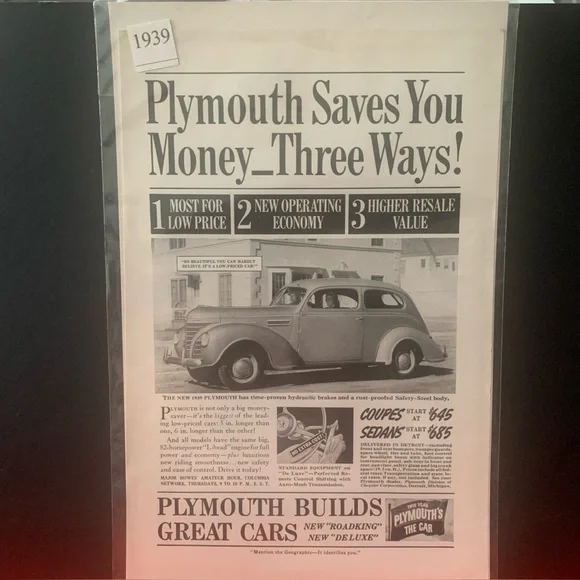 Vintage 1939 Plymouth Saves You Money 3 Ways Ad Advertisment
