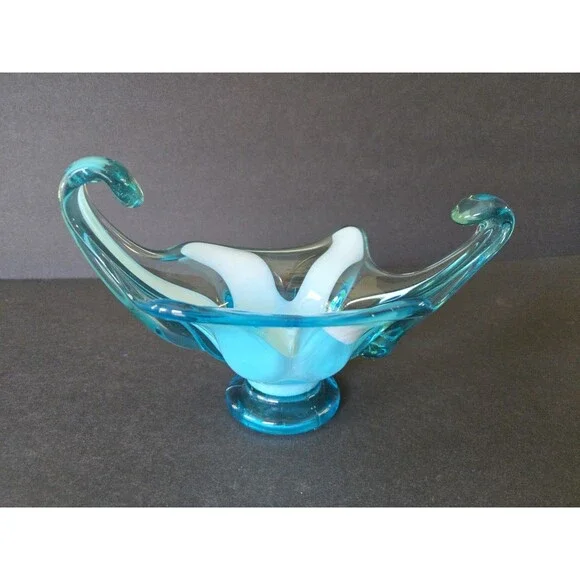 Vintage Aqua Blue & White Starfish Glass Centerpiece Bowl Freeform Retro Decor