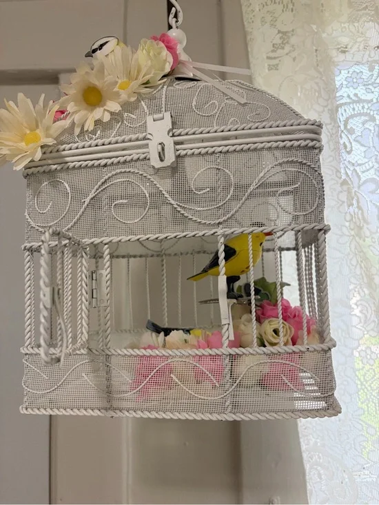 White Decorative Birdcage Accent with Floral and Yellow Bird