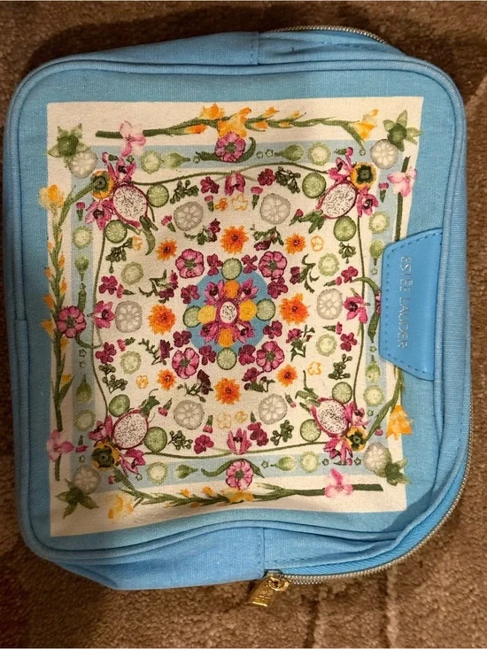 Estee Lauder Blue Floral Embroidered Cosmetic Case