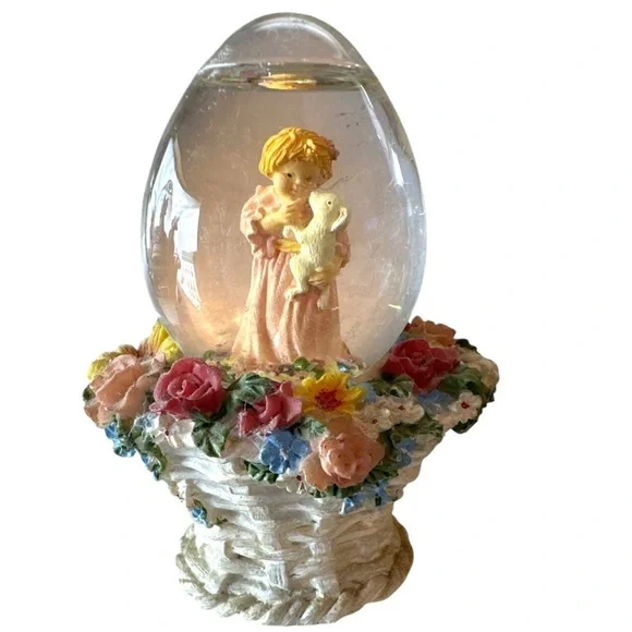 Snow Globe Egg Shape Easter Girl in Basket Vintage Cracker Barrel Collectible 90