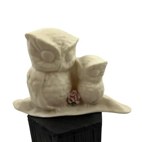 Vintage Handmade Ceramic Mother Baby‎ Owls Signed Sculpture Figurine Pink Rose