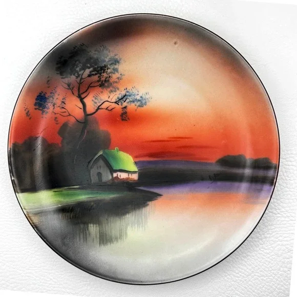 1920s Noritake Hand Painted Landscape Cottage Sunset Plate‎ M Wreath Mark 6.25