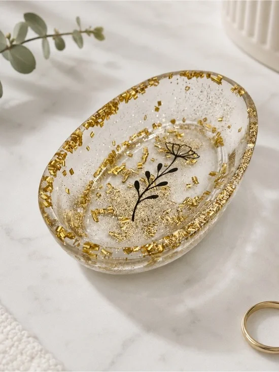 Clear Resin Jewelry Dish with Gold Flakes and Black Floral Accent