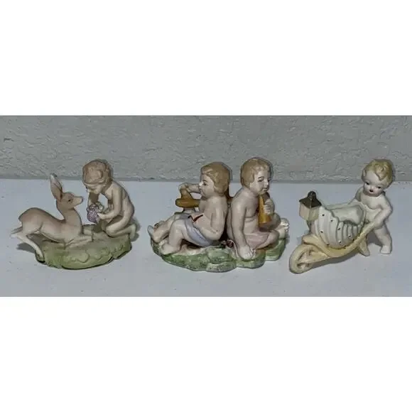 VTG Occupied Japan Bisque Porcelain Baby Cherub Deer Planter Figurine Lot‎ Of 3
