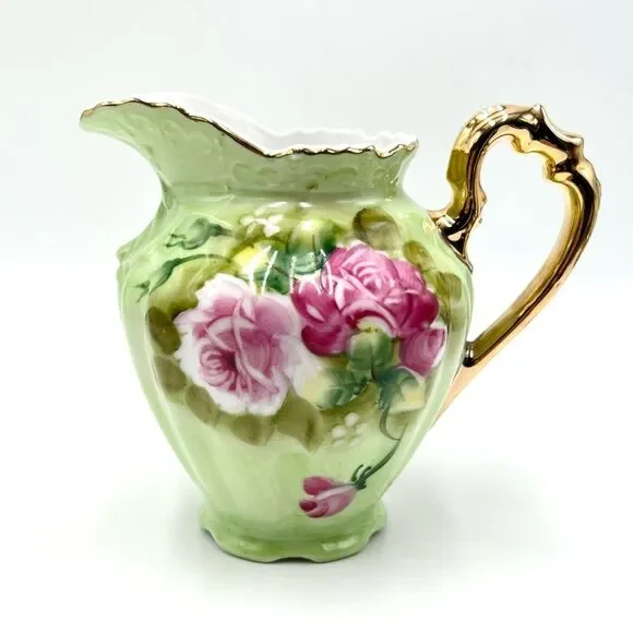 Vintage Lefton Green Heritage Roses Gold Trim Small Pitcher 4172‎ Hand Painted