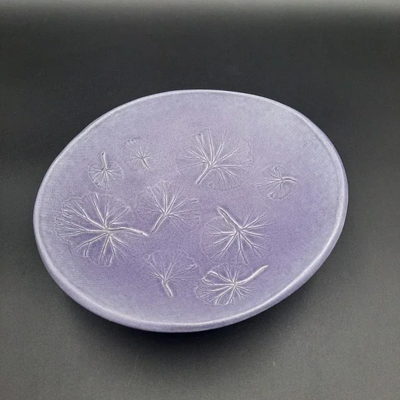 Purple Ceramic Studio Art Bowl‎ with Impressed Leaf Design – Signed 1993