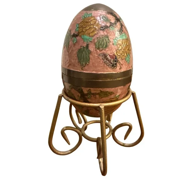 Enamel‎ Painted Large Brass Egg Trinket Box with Stand 8