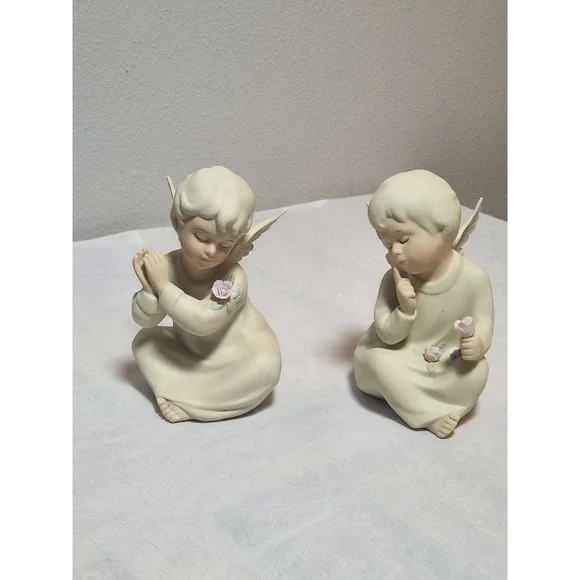Vintage Bisque Porcelain Angel Cherub Figurines Set of 2 Cream Prayer Rose 4.5