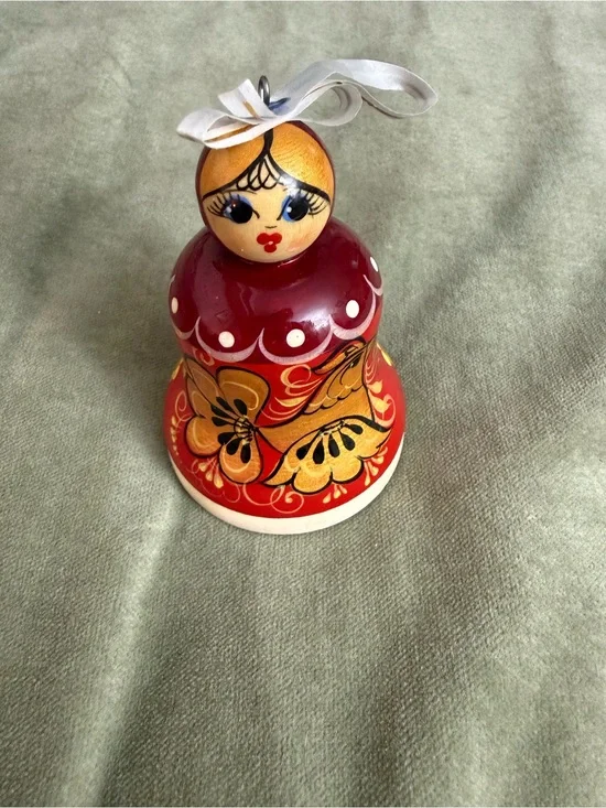 Vintage Hand-Painted Russian Roly Poly Doll Bell Ornament in Red and Gold #