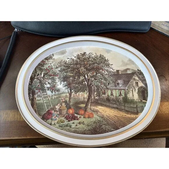 Vintage Currier & Ives Metal 1868 Oval Tray The American Homestead - Autumn