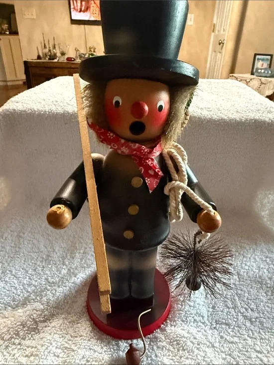 Wooden Chimney Sweep Figurine with Top Hat and Red Base