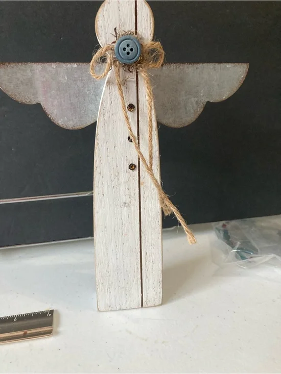 Rustic White Wooden Angel Decor with Button Accent