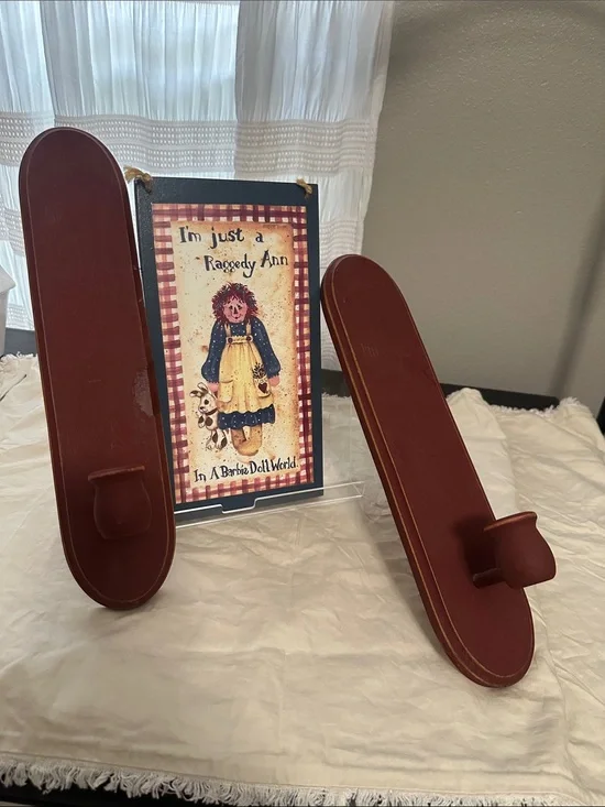 2 Rustic Wooden candle sconces and raggedy Ann picture Home Interior