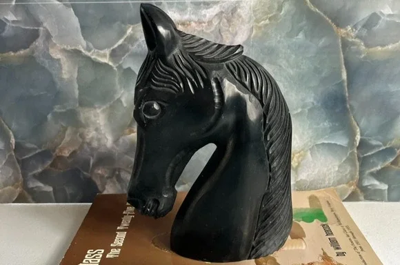 Vintage Hand Carved Black Stone Horse Head Statue Sculpture 8.25