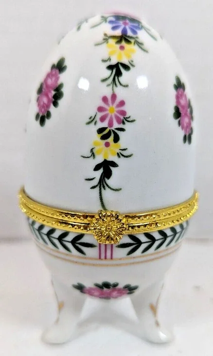 Egg-Shaped White with Flower and Gold Accents Ceramic Footed Trinket Box Vintage