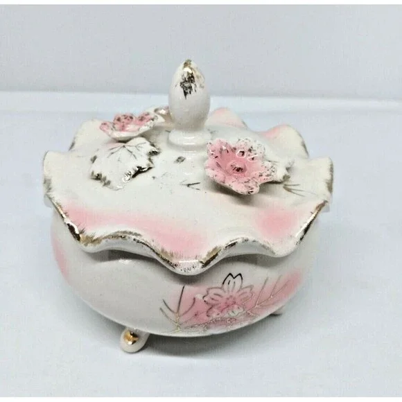 VTG Pink Flower Ceramic Trinket Box with Ivory Gold Lid Hand Painted Japan