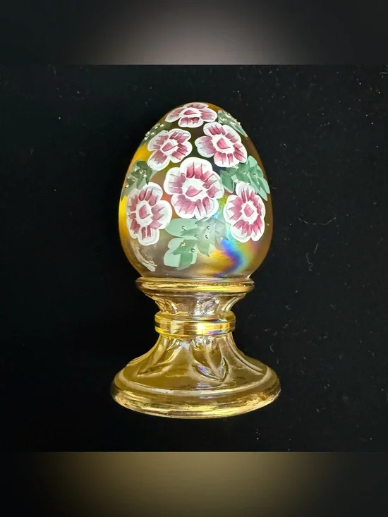 Fenton Amber Carnival Glass Pedestal Egg Hand Painted Floral Signed Limited Ed