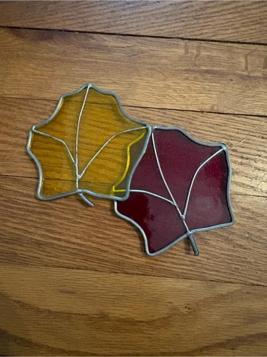 Vintage stained glass suncatcher 2 leaves