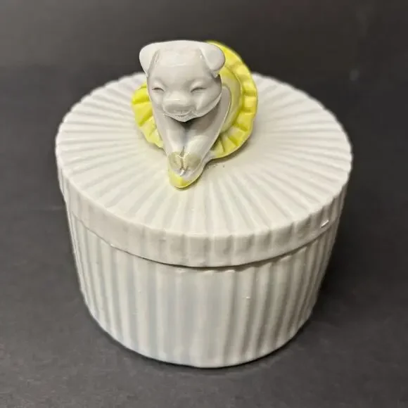 Fitz and Floyd Round Ceramic Trinket Box, White/Yellow, Removable Lid