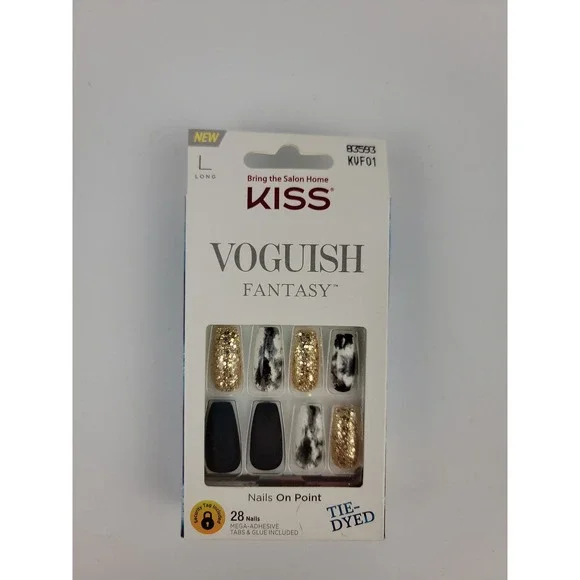 KISS Voguish Fantasy Press On Nails Long Coffin Matte Black Gold Glitter KVF01