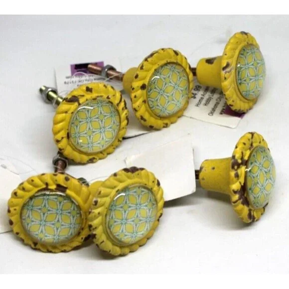 Yellow & Blue Distressed FLORAL Drawer Set of 6 - Pull Knobs Cottage Core