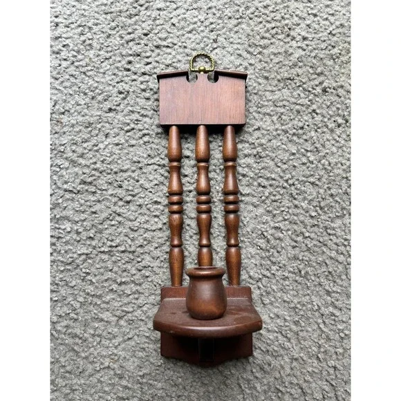 Vintage Wooden Spindle Back Wall Hanging Candle Holder. Cottage Core Country