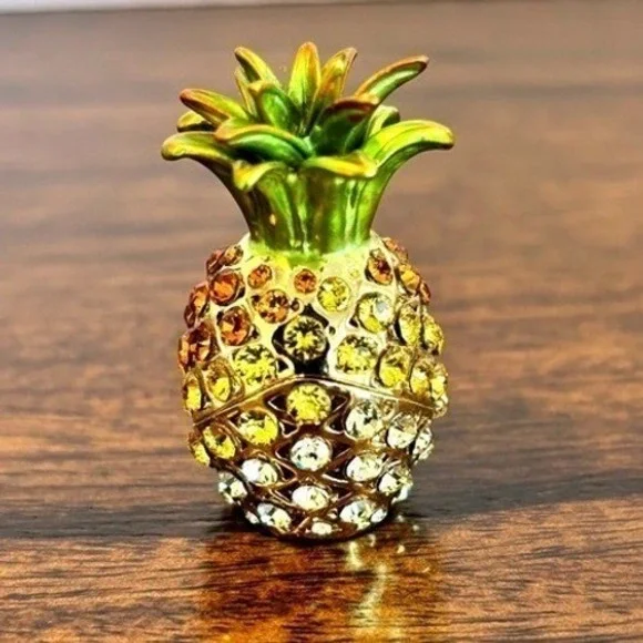 Lia Miniature Jeweled Pineapple TrinketBox Vintage Enamel Crystal Tropical Gift