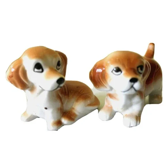 VTG Porcelain Docile Puppy Dog Pair Figurine White & Tan Mini 2.5