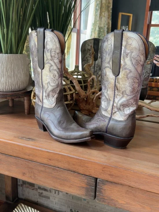Lucchese Brown and Cream Embroidered Western Boots