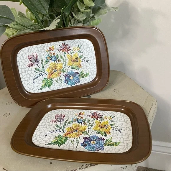Vintage Floral Mosaic Metal Trinket Trays, Set of 2